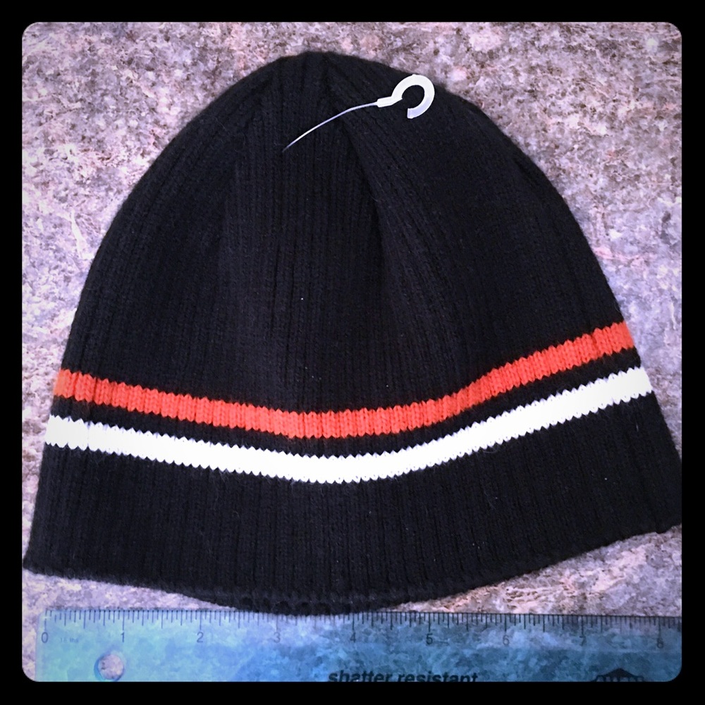 NWT Black BEANIE stocking cap with orange and white Stripes